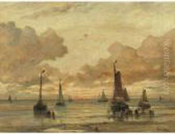 Shoring The Boats At Sunset Oil Painting by Hendrik Willem Mesdag