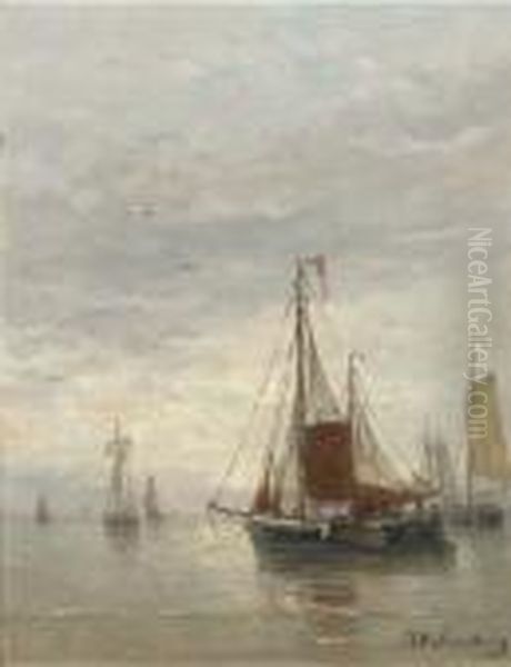 Voor Anker: Bomschuiten At The Break Of Dawn Oil Painting by Hendrik Willem Mesdag