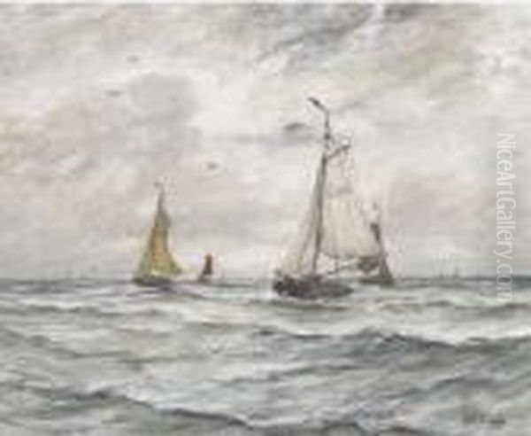 De Scheveningen 86: Scheveninger Bomschuiten Oil Painting by Hendrik Willem Mesdag