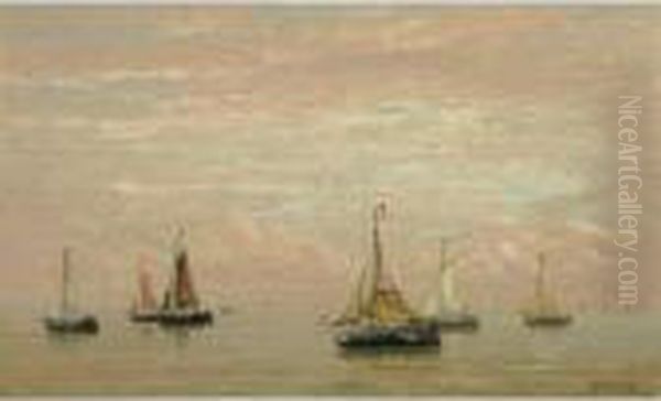 Fishing Boats In A Calm Oil Painting by Hendrik Willem Mesdag