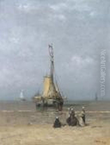 A Bomschuit In The Breakers On A Calm Day Oil Painting by Hendrik Willem Mesdag