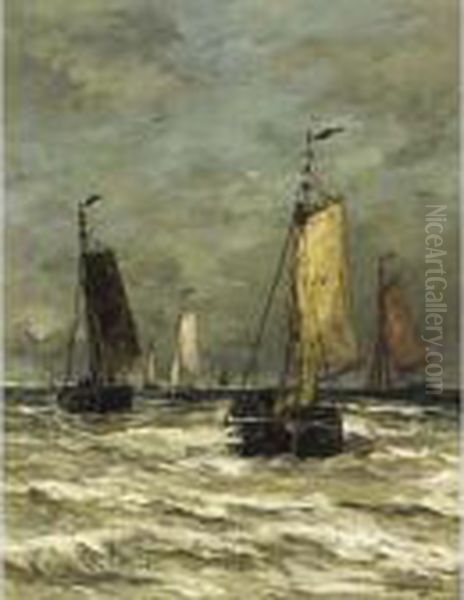 Bomschuiten At Sea Oil Painting by Hendrik Willem Mesdag