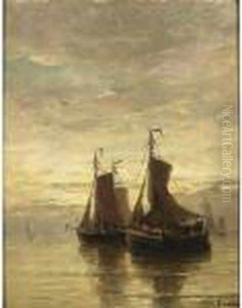 Anchored Fishingboats At Dusk Oil Painting by Hendrik Willem Mesdag