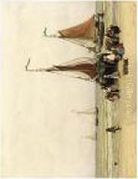 Bomschuiten With Fisherwomen On Scheveningen Beach Oil Painting by Hendrik Willem Mesdag