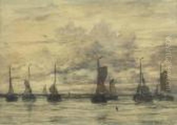 Bomschuiten Riding At Anchor Oil Painting by Hendrik Willem Mesdag