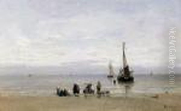 Fisherwomen Standing By The Catch On A Calm Day Oil Painting by Hendrik Willem Mesdag