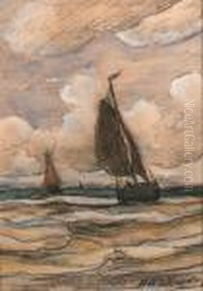 Bomschuiten At Sea Oil Painting by Hendrik Willem Mesdag