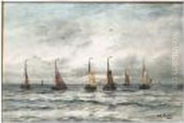 A Fishing Fleet Oil Painting by Hendrik Willem Mesdag