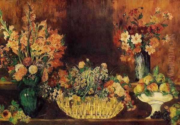 Vase, Basket of Flowers and Fruit Oil Painting by Pierre Auguste Renoir