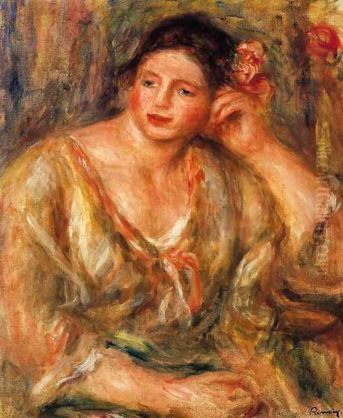 Madeleine Leaning On Her Elbow With Flowers In Her Hair Oil Painting by Pierre Auguste Renoir