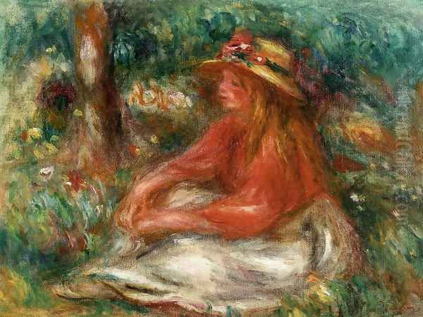 Young Girl Seated on the Grass Oil Painting by Pierre Auguste Renoir