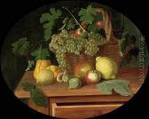 A Basket Of Apples And Grapes 
Surrounded By Peppers, Lemons, A Pomegranate And Figs On A Table Oil Painting by Michaelangelo Meucci