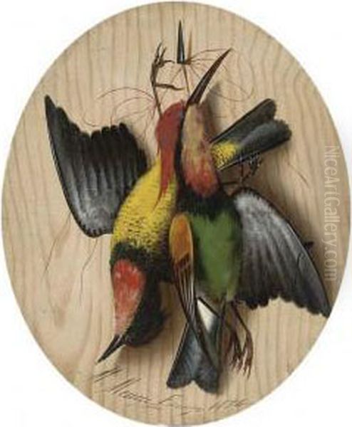 Hanging Songbirds; And Another Similar Oil Painting by Michaelangelo Meucci