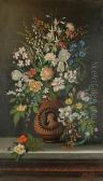 Impressive Still Lifes Of Roses,
 Fuchsias, Lilies, Daisies And Other Flowers In Etruscan Vases On Marble
 Topped Tables Oil Painting by Michaelangelo Meucci