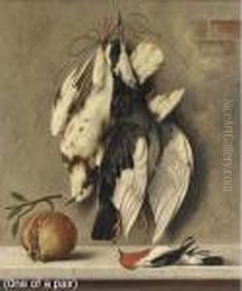 Hanging Fowl With Pomegranate; Hanging Fowl With Cherries Oil Painting by Michaelangelo Meucci