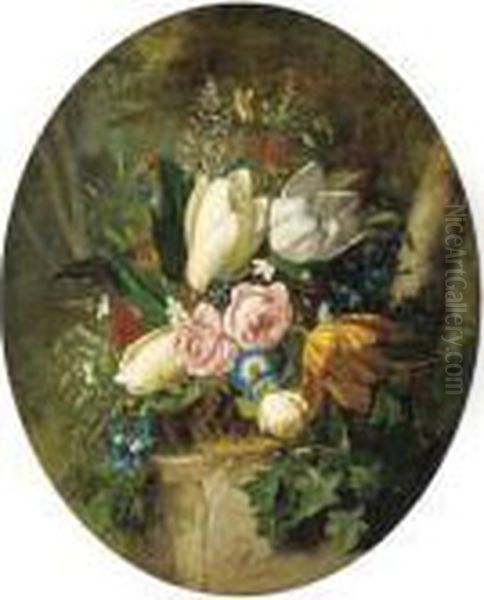 Tulips, Roses, Magnolias, 
Lilies, Pelagoniums, Convulvulous, Forget-me -nots And Other Summer 
Flowers In A Basket On A Plinth In A Forest Oil Painting by Michaelangelo Meucci