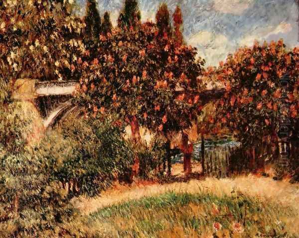 Railway bridge at Chatou (The pink chestnut trees) Oil Painting by Pierre Auguste Renoir