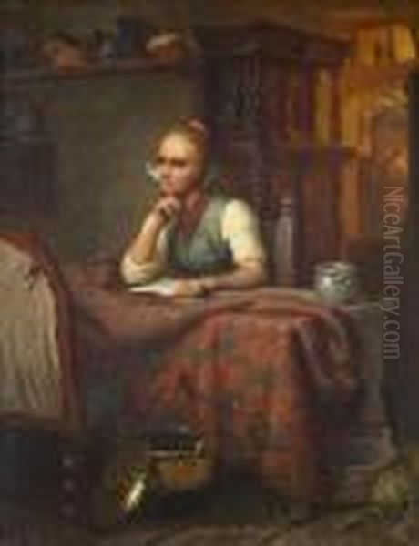 Junge Frau Einen Briefschreibend Oil Painting by Meyer Georg von Bremen