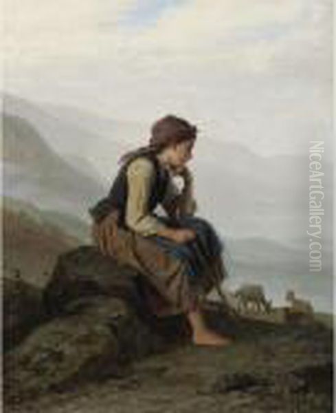 Die Ziegenhirtin (the Little Goat Herder) Oil Painting by Meyer Georg von Bremen