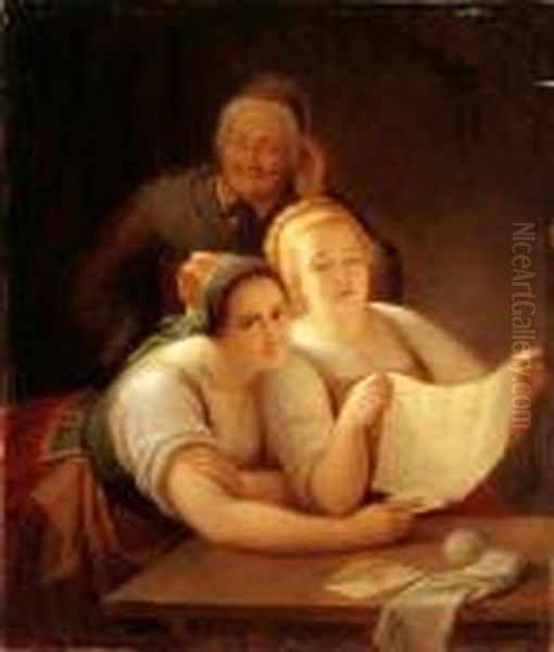 Eavesdropping On Two Maidens Oil Painting by Meyer Georg von Bremen