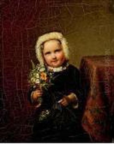 Kind Mit Weisser Haube Einen Blumen- Oil Painting by Meyer Georg von Bremen