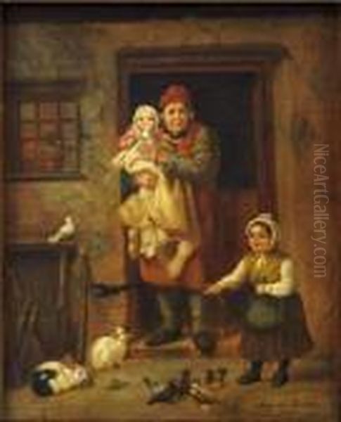 Johann Georg Meyer Von Bremen Girl Feeding Animals Oil Painting by Meyer Georg von Bremen