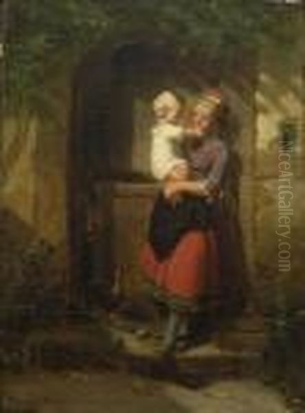 Madchen Mit Kleinkind Vor Der
 Ture Oil Painting by Meyer Georg von Bremen