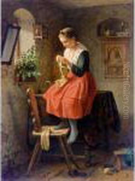 Strickendes Madchen (girl Knitting By A Window) Oil Painting by Meyer Georg von Bremen