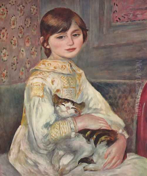 Portrait of Mademoiselle Julie Manet with a cat Oil Painting by Pierre Auguste Renoir