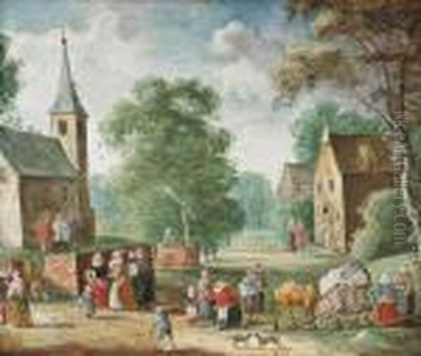 A Village Landscape With Elegant
 Company And Peasants On A Track, A Church, A Well And Houses Beyond Oil Painting by Theobald Michau