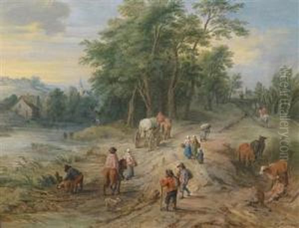 Travellers On A Country Road; And A Traveller In A Rocky Landscape Oil Painting by Theobald Michau