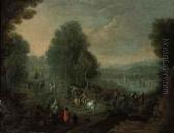 A Wooded River Landscape With Travellers On A Track, A Villagebeyond Oil Painting by Theobald Michau