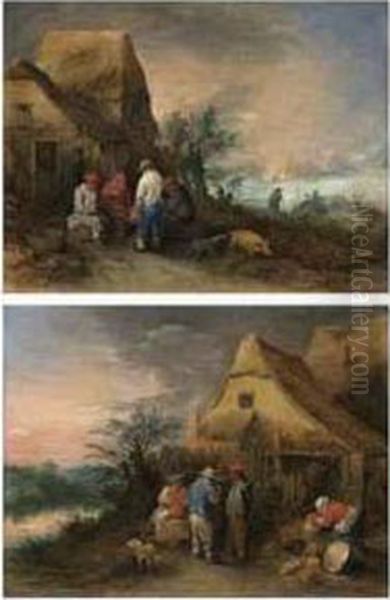 Peasants Drinking Outside A Farm Cottage Oil Painting by Theobald Michau