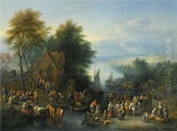 A River Landscape With Figures 
By A Ferry, Other Figures Seated Onthe Banks Of The River, With Their 
Cattle In The Water Oil Painting by Theobald Michau