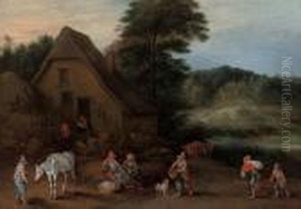 A Wooded Landscape With A Horseman And Peasants Resting Outside A Cottage Oil Painting by Theobald Michau