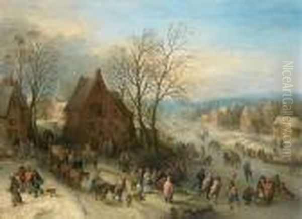 A Winter Landscape With Figures Skating On A Frozen River Oil Painting by Theobald Michau