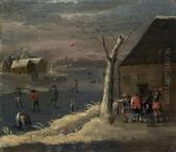 A Winter Landscape With Figures Skating On A Frozen River Oil Painting by Theobald Michau