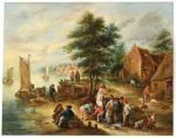 Dutch City On The Bank, A Little Fish Market In The Street Oil Painting by Theobald Michau