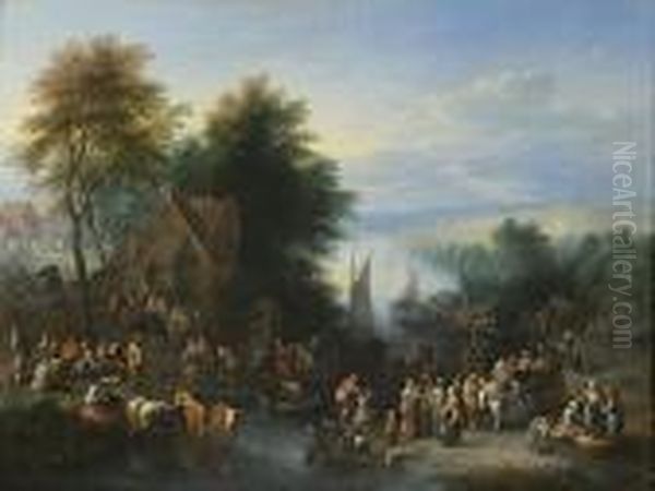 Scene De Marche En Bord De Riviere Oil Painting by Theobald Michau