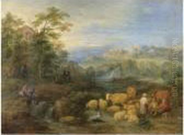 A Summer Landscape With Shepherds And Herdsmen Resting Theirsheep And Cattle By A Stream Oil Painting by Theobald Michau