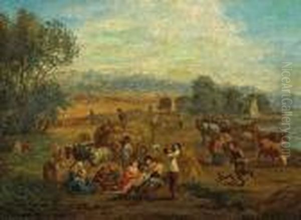 An Extensive Landscape With Peasantsharvesting Oil Painting by Theobald Michau