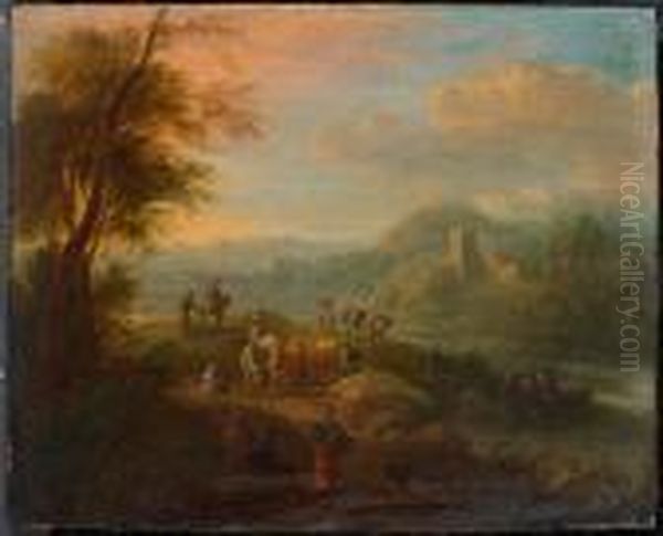 River Landscape With Travellers And Cows. Oil Painting by Theobald Michau