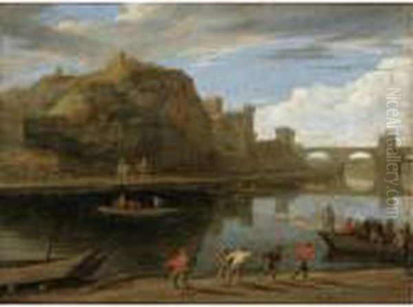 A River Landscape With A Ferry Before A Fortified Castle Oil Painting by Theobald Michau