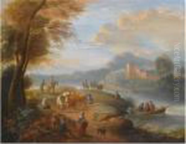 A River Landscape With 
Travellers, Fishermen In A Boat Along The River, A Castle In The 
Distance Oil Painting by Theobald Michau