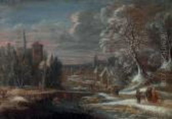 A Winter Landscape With Travelers By A Canal, A City Beyond Oil Painting by Theobald Michau