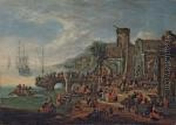 A Capriccio Of A Port With Elegant Figures Oil Painting by Theobald Michau