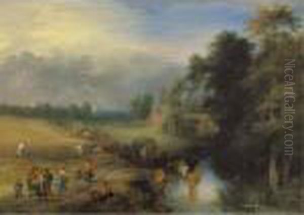 Landscape With Peasants 
Harvesting The Crop And A Herdsman Watering His Cows In A Passing Stream Oil Painting by Theobald Michau