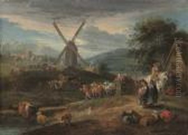 A River Landscape With Figures And Cattle On A Track, A Windmill And Village Beyond Oil Painting by Theobald Michau