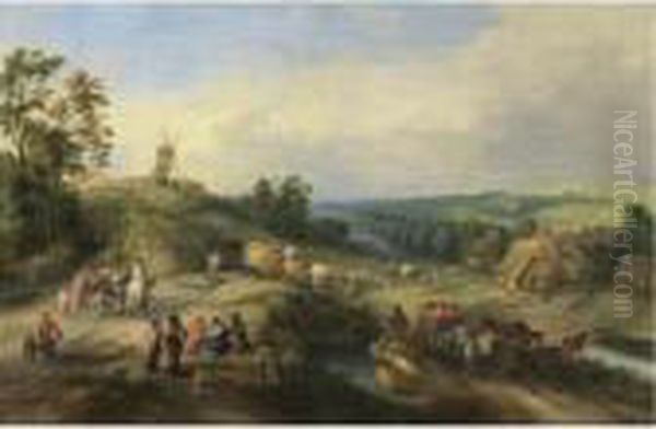 Landscape With Travellers And Waggons Approaching A Village Oil Painting by Theobald Michau