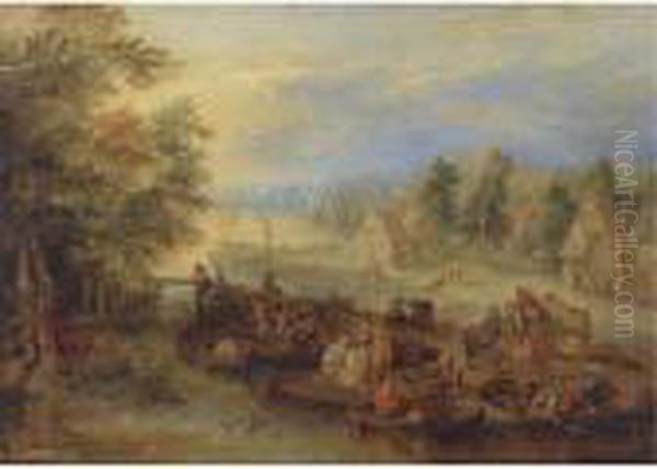 Fishermen Unloading Their Catch On A Riverbank Near A Village Oil Painting by Theobald Michau